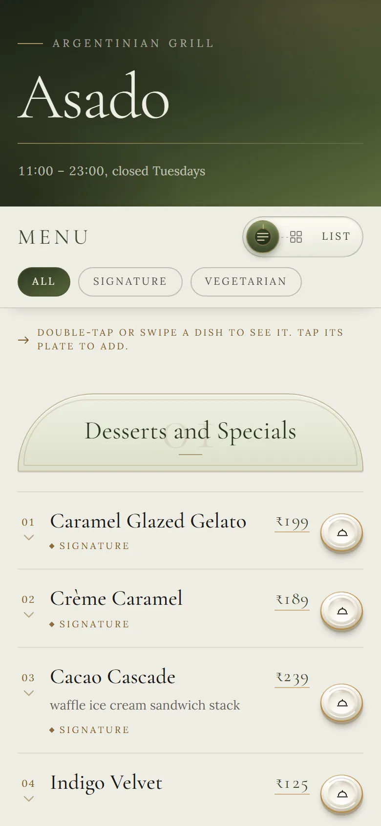 The first screen of Asado's menu on a phone
