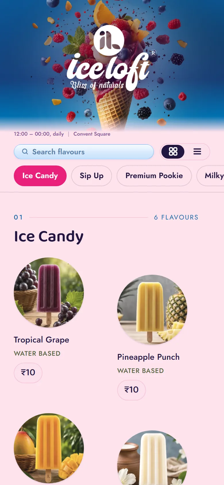 The first screen of IceLoft's menu on a phone