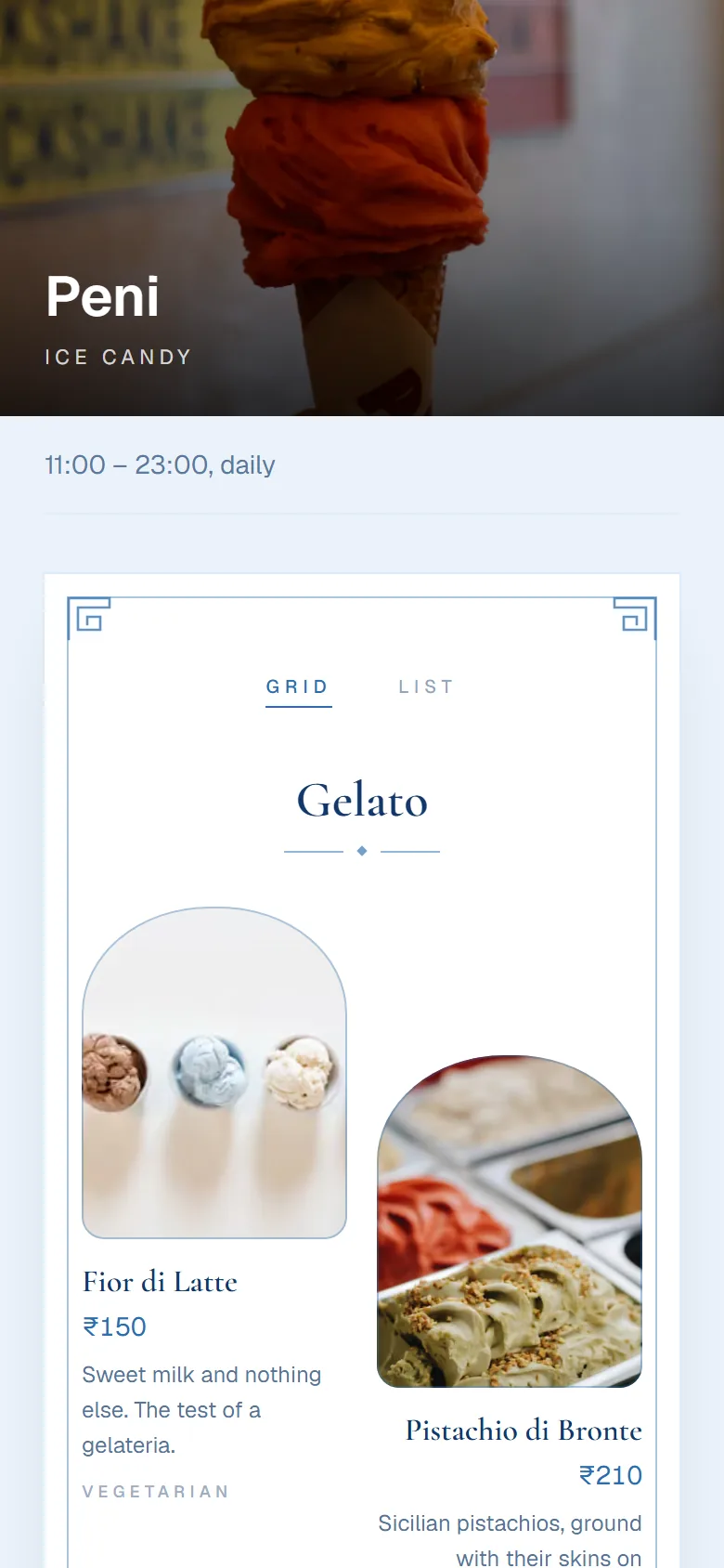 The first screen of Peni's menu on a phone